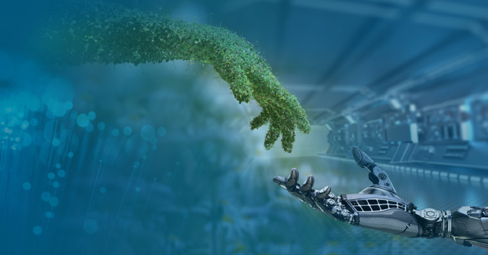 grüne Hand und Roboterhand